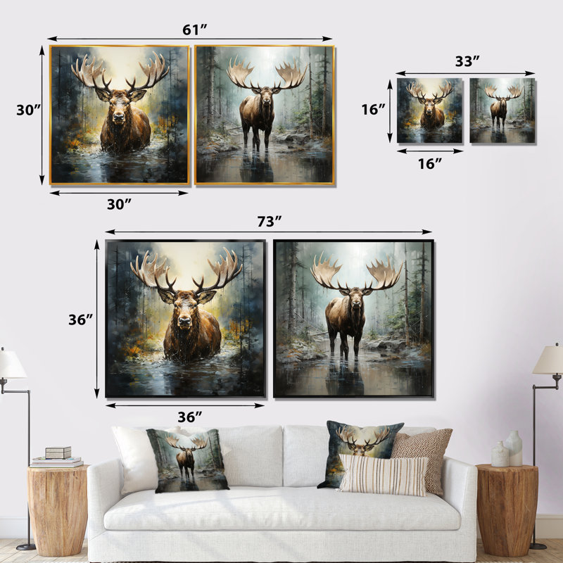 Mystic Moose In Forest I - Moose, ensemble de 2 reproductions d'art sur toile, Toile tendue, H 16 po x l 33 po x P 1 po