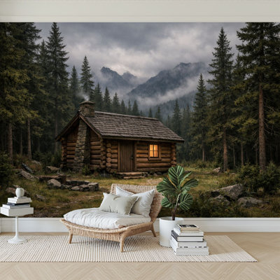 Peel and Stick Wallpaper 96" L x 69" W Modern Self Adhesive Wall Mural for Bedroom - With Wooden Log Cabin Forest Mountain Print