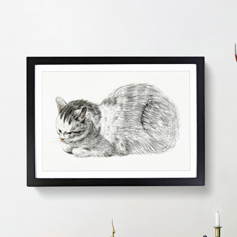 Restful Cat by Jean Bernard - Picture Frame Drawing Print, 36cm H x 48cm W x 2cm D, Black Framed
