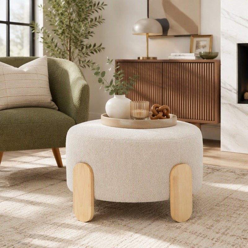 Repose-pieds rond de 24,8 pouces avec tissu en peluche doux et pieds en bois naturel, parfait pour la maison et le bureau
