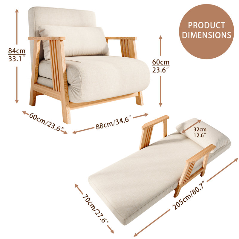 Convertible Sofa Chairs Set of 2, 34.6'' Beige Linen Upholstered Accent Chair With Solid Wood Frame, Modern Indoor Sofa Chaise Bed Lounge Chair for Living Room
