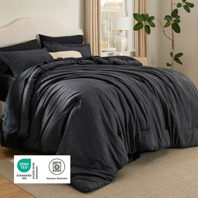 Bedsure Queen Cationic Dyed Printed Bed-in-a-Bag Set – Black, 7-Piece Bedding Set, Black, Queen