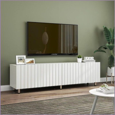 Meuble télé: Meuble télé blanc moderne pour téléviseurs de 65 pouces et plus avec 2 tiroirs et amp; Rangement | Blanc | Panneau de particules et panneau de fibres à densité moyenne