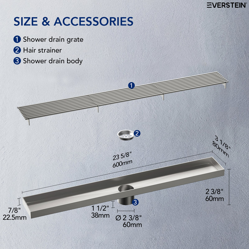  Garniture de drain de douche 23,62 po x 3,15 po, Nickel brossé