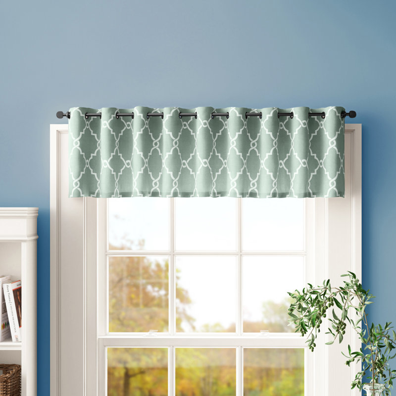 Saratoga Fretwork Print Grommet Top Single Window 50x18" Valance, Seafoam/White