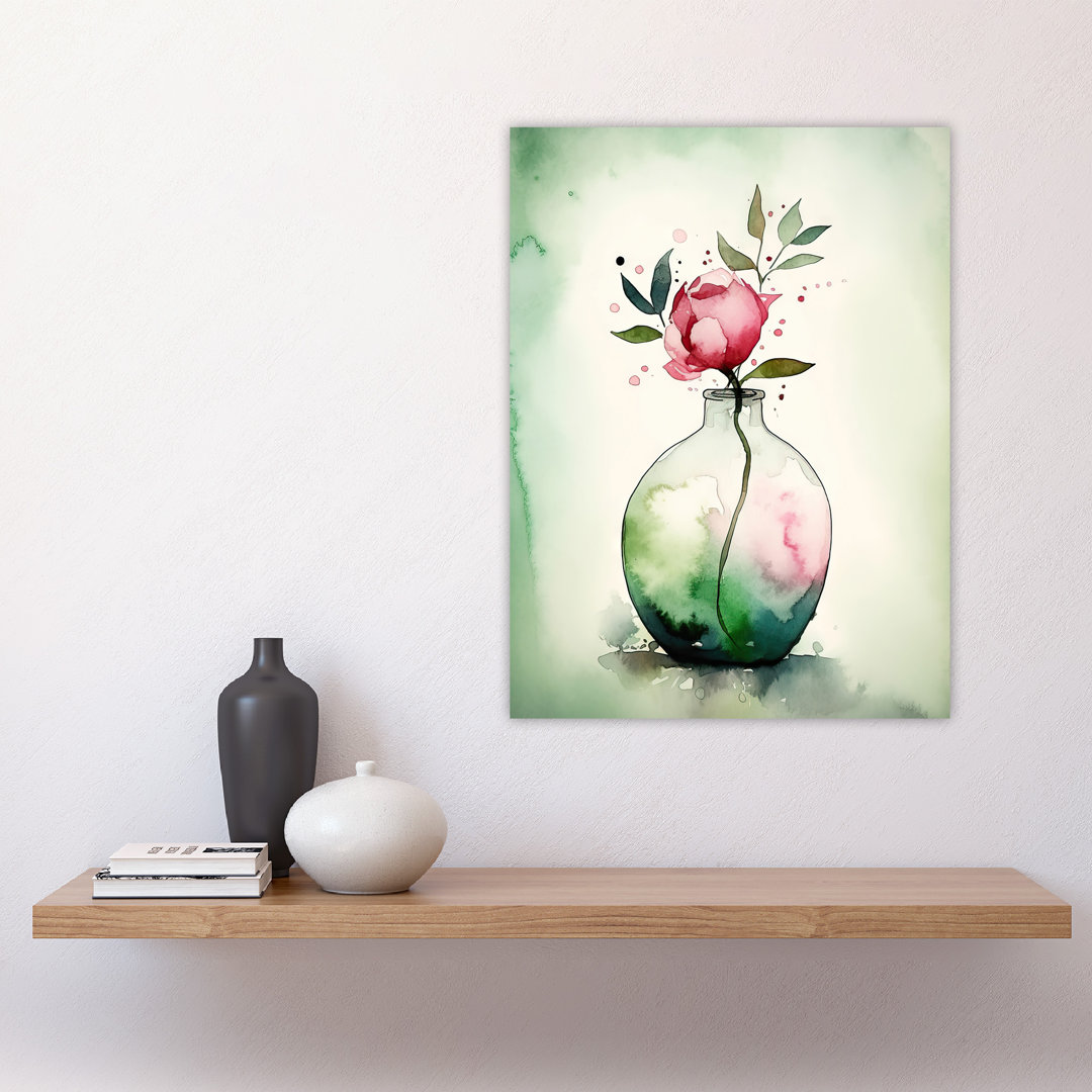 Wall Art Print A Single Rose In A Glass Vase Watercolour Painting Pink Valentines Day Flower Romance Nature Colourful Bright Floral Modern Artwork Pos