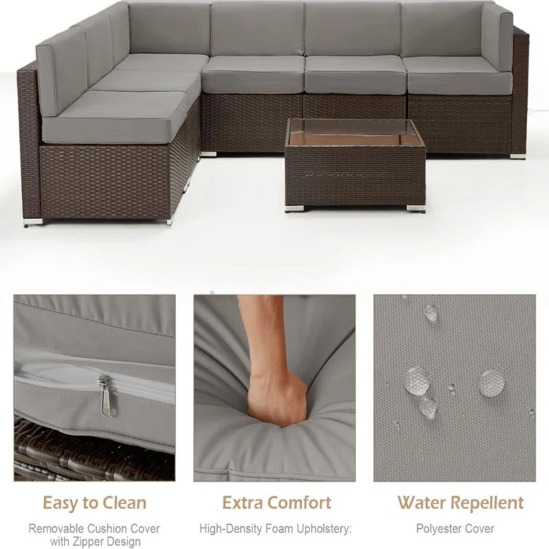 Ensemble de conversation modulaire en rotin 7 pièces avec foyer, Brun, Gris