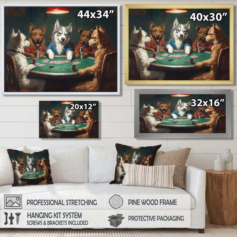 Chiens, jeu de poker - impression sur toile, animaux blancs, H 30 po x l 40 po, Cadre photo unique, Blanc