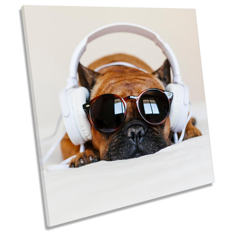 French Bulldog Headphones - Wrapped Canvas Print, 40.6cm H x 40.6cm W x 2cm D