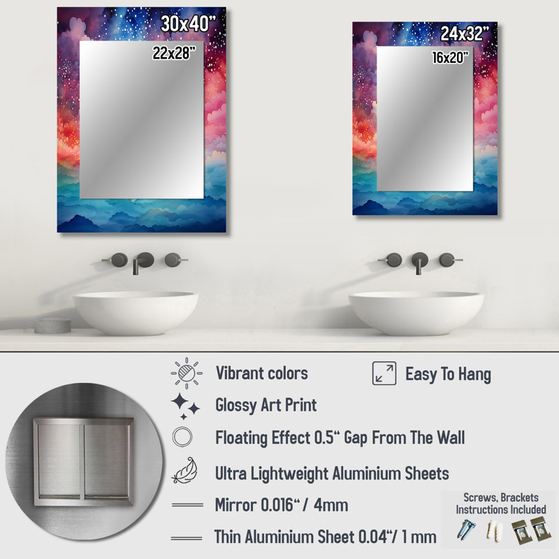 Coloré ciel photo céleste Mirage III - miroir mural décoratif ciel, miroir traditionnel, art imprimé en métal, 40 po x 30 po