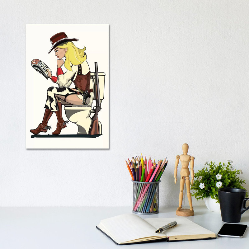 Cowgirl on the toilettes - impression d'art graphique, Toile tendue, H 12 po x l 8 po x P 0,75 po, Aucun mat
