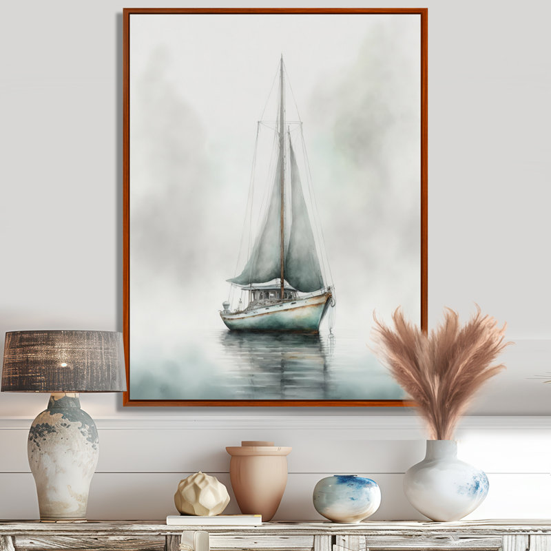 Voilier ancré dans le brouillard - art mural bateau côtier, H 40 po x l 30 po, Cadre flottant brun