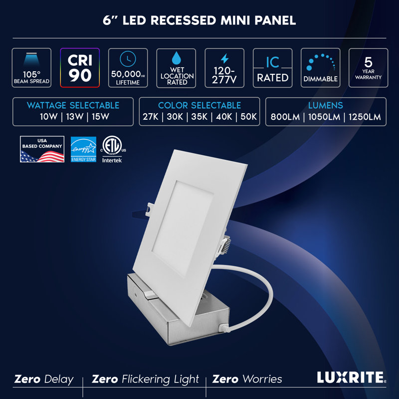 6 po LUXRITE Éclairage encastré à DEL avec boîte en J, mini panneau lumineux Canless, 5CCT, 10/13 / 15W, 800/1050 / 1250LM, CRI90, intensité variable, 120-277V, classé IC, paquet de 24