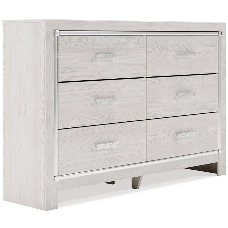 Ensemble 2 pièces commode et miroir Aly, 6 tiroirs avec poignées chromées, blanc Aly