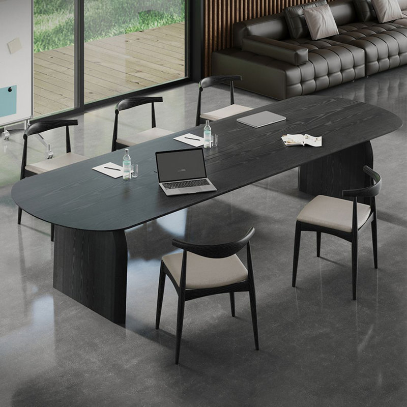 Bureau d'écriture ovale noir en bois massif, Noir, H 29,53 po x l 78,74 po x P 31,5 po
