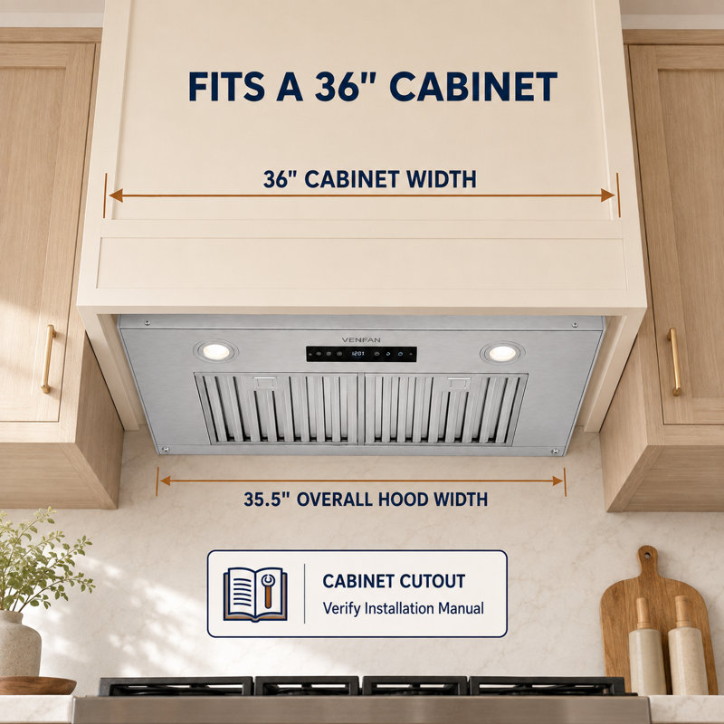 Hotte intégrée 36 po VENFAN, hotte de cuisine intégrée en acier inoxydable avec ventilation puissante de 900 pi³ / min, contrôle tactile et tactile à 8 vitesses, conception convertible à conduit / sans conduit