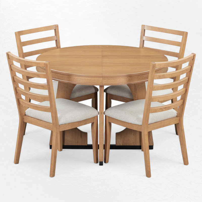 Hervey 5-Piece Retro Rustic Functional Dining Set Unique Geometric Design,Round Table Top with Leaf,dinning table set