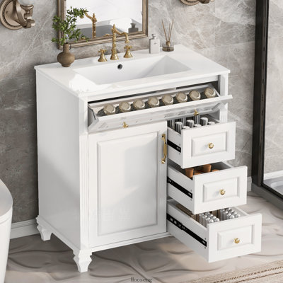 30" Freestanding Bathroom Vanity with Sink Top, Solid Wood & MDF Cabinet with Flip‑Out Drawer, 3 Drawers & Storage Cabinet, Ceramic Sink Top, White