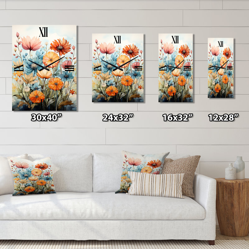 Orange orange, bleu, pétales et beauté - Très grandes horloges murales florales, Très grand