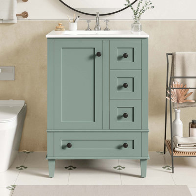 Meuble-lavabo de 24 pouces avec lavabo intégré en céramique, tablette à double couche, tiroirs à fermeture en douceur et porte d'armoire à fermeture en douceur