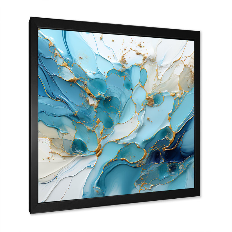 Bleu et blanc, charme de glacier - formes abstraites, art mural, Cadre simple noir, H 36 po x l 36 po x P 1,5 po