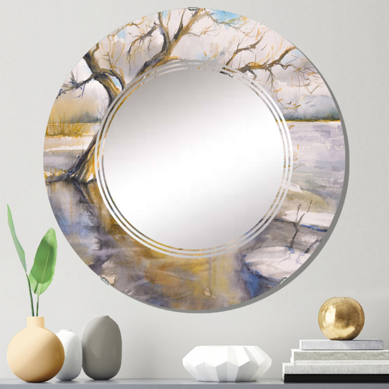 Arbre près de la rivière - miroir mural rond Lake House, 24 po x 24 po