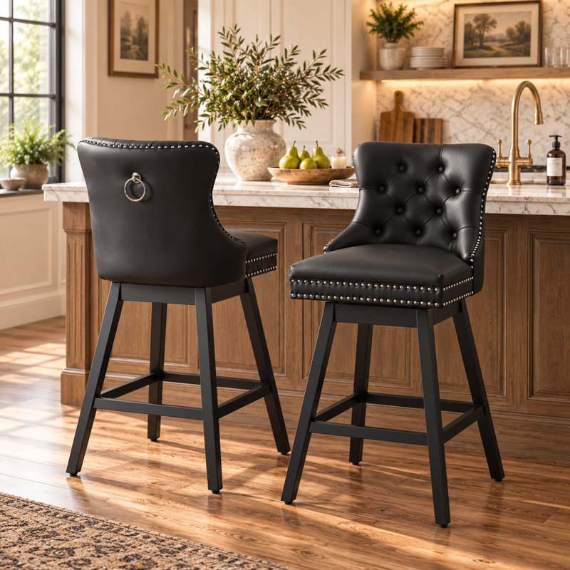 Ensemble de 2 tabourets de bar pivotants, tabourets de bar en cuir de polyuréthane avec devant capitonné à boutons et anneau rétractable, tabourets à hauteur de comptoir de 26 po avec pieds en bois massif pour îlot de cuisine ou bar, noir