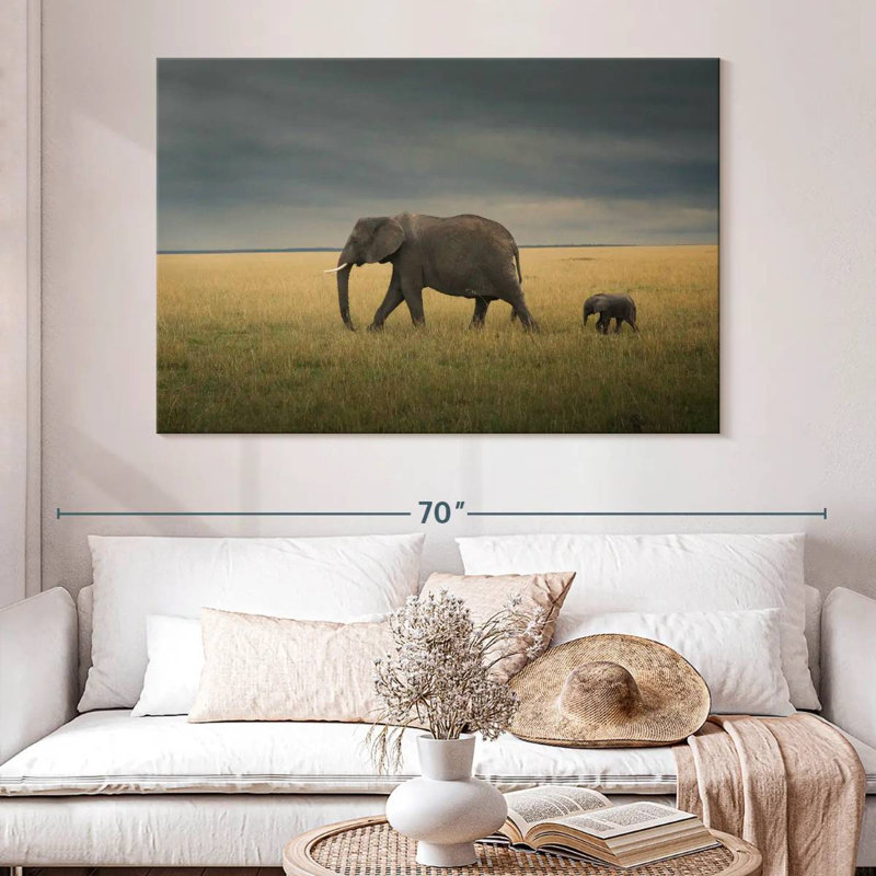 Éléphant Brampt dans un champ de savane, H 34 po x l 51 po