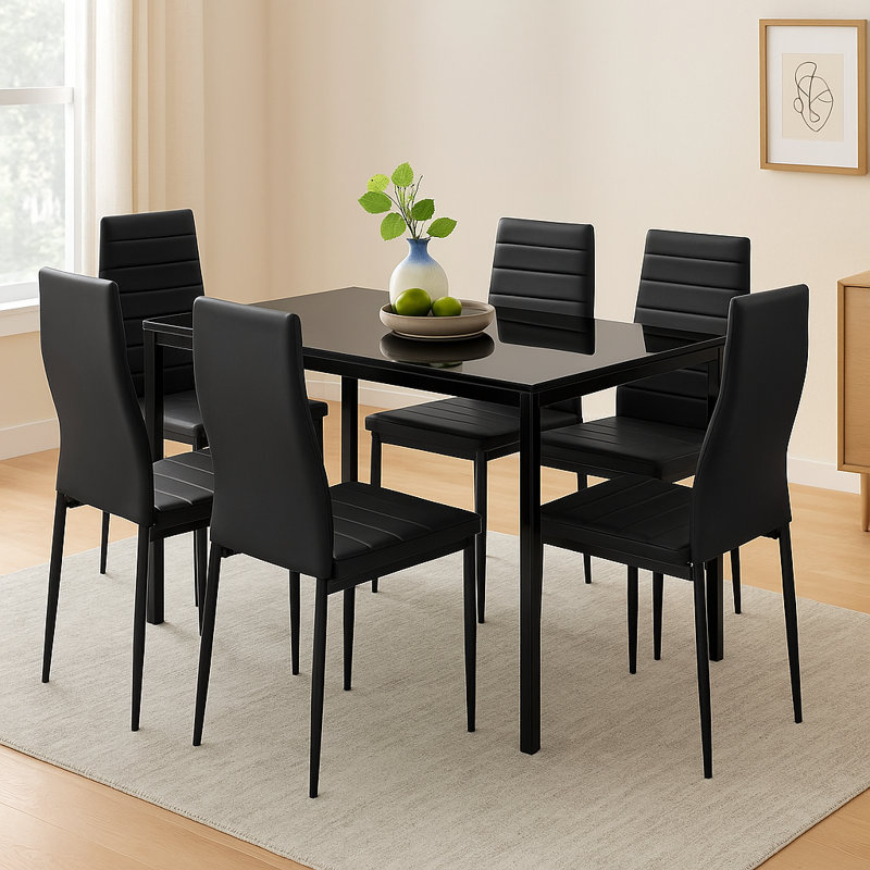 7-Piece Modern Dining Set With Glass Table And 6 Upholstered Chairs, PU Leather & Steel Frame, Space-Saving Design