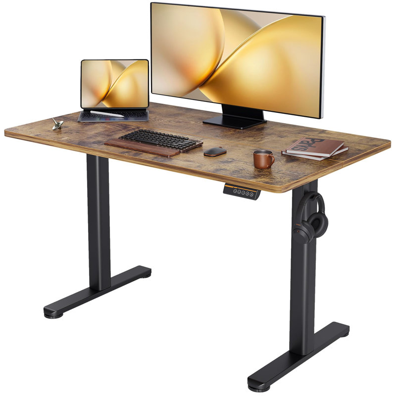 Adjustable Metal Base Computer Desk, Light Brown/Black