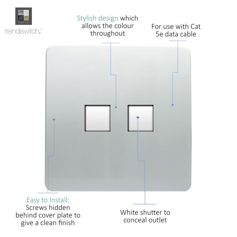 Amdanda Trendi Switch 2 Gang RJ45 Cat 5e PC Ethernet Socket, Silver