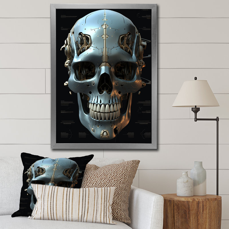 Reproduction d'art sur toile, "Happy Cyborg Skull Funky Halloween I", Cadre simple argenté, H 32 po x l 24 po x P 1 po