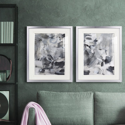 Mélange Noir et Blanc I - Ensemble de 2 tableaux encadrés sous verre, grands formats, pour salon.