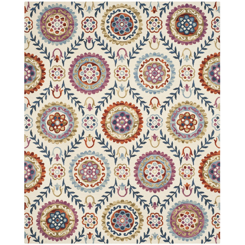 Tapis en laine et coton crocheté à la main Suzani, Rectangle 9 pi x 12 pi
