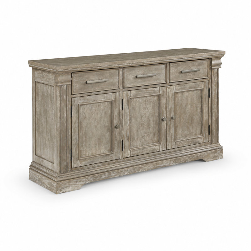 Hewitt 60" Transitional Sideboard – Wire-Brushed Gray · 3 Drawers & 2 Cabinets · Nickel Tone Hardware