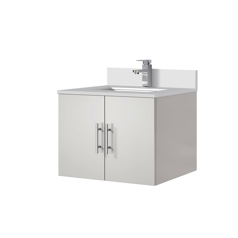 Genève 24 po X P 22 po Ensemble de meuble-lavabo blanc brillant D, comptoir en quartz blanc et robinet