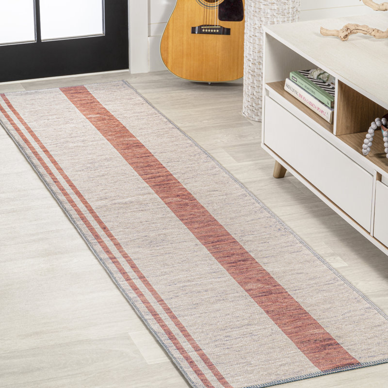 Amondo Modern Distressed Stripe Machine-Washable Ivory/Peach Rug, Runner 2' x 8'