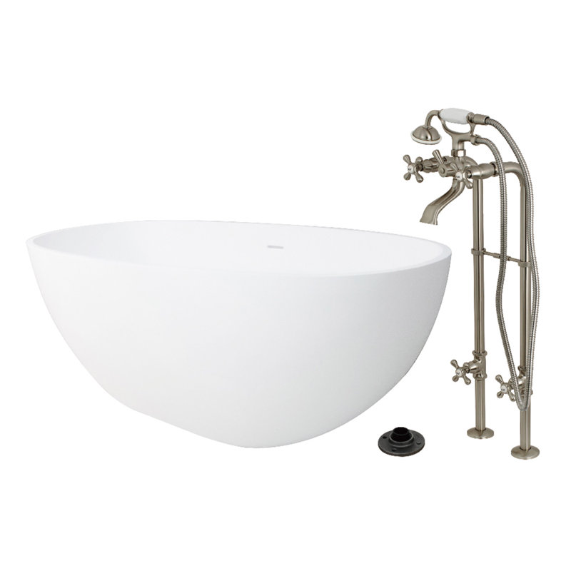 Kingston Arcticstone 65-Inch Solid Surface Oval Double Ended Freestanding Tub With Faucet Combo And Drain, Brushed Nickel