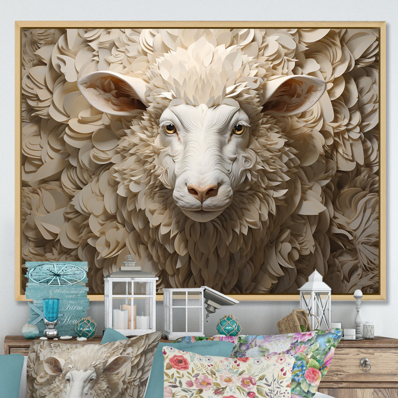 Cozy beige minimalisme mouton I sur toile, Cadre naturel flottant, 16" H x 32" W