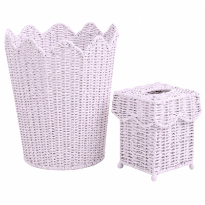 Pale Pink Scalloped Wicker Wastepaper Basket & Tissue Holder