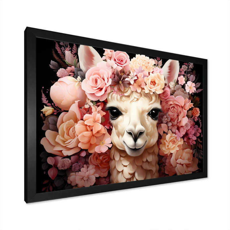 Fleur rose, couronne d'alpaga, art mural, H 16 po x l 32 po x P 1 po, Cadre d'angle fermé noir