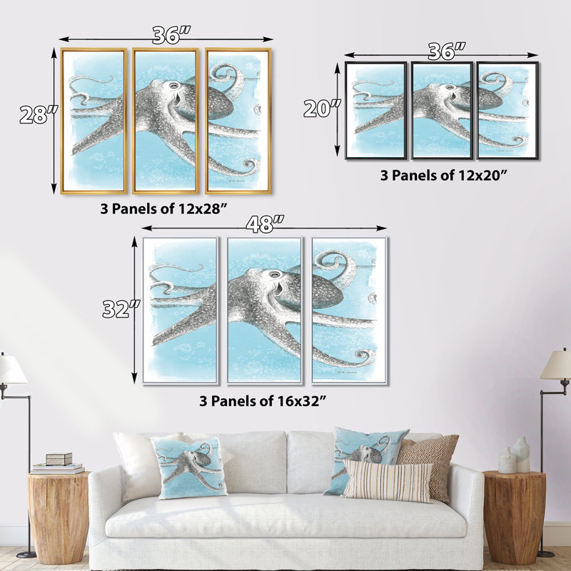 «Coastal Sea Life II Octopus Sketches», ensemble d'art mural sur toile encadré nautique et côtier, H 20 po x l 36 po x P 1 po