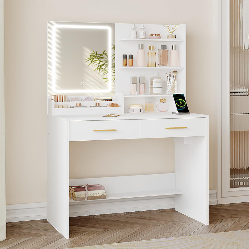 Dressing Table With LED Light, 2 Sockets And 2 USB Ports Dressing Table With 2 Drawers And 4 Open Shelves