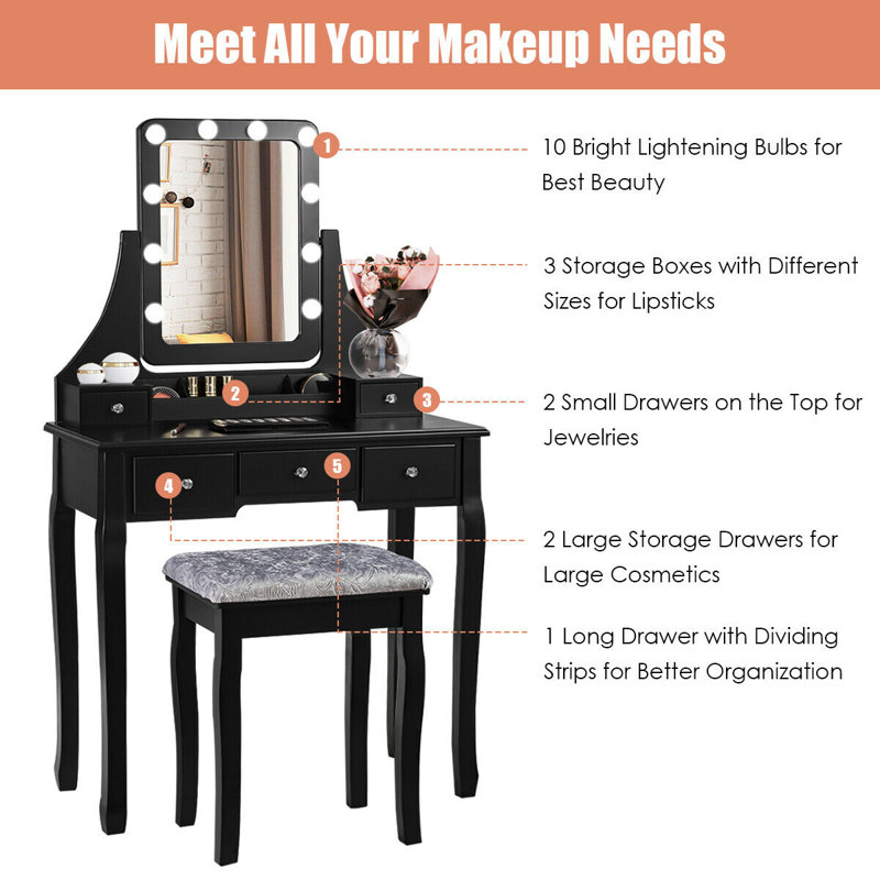 Shrader Dressing Table with Mirror, Black
