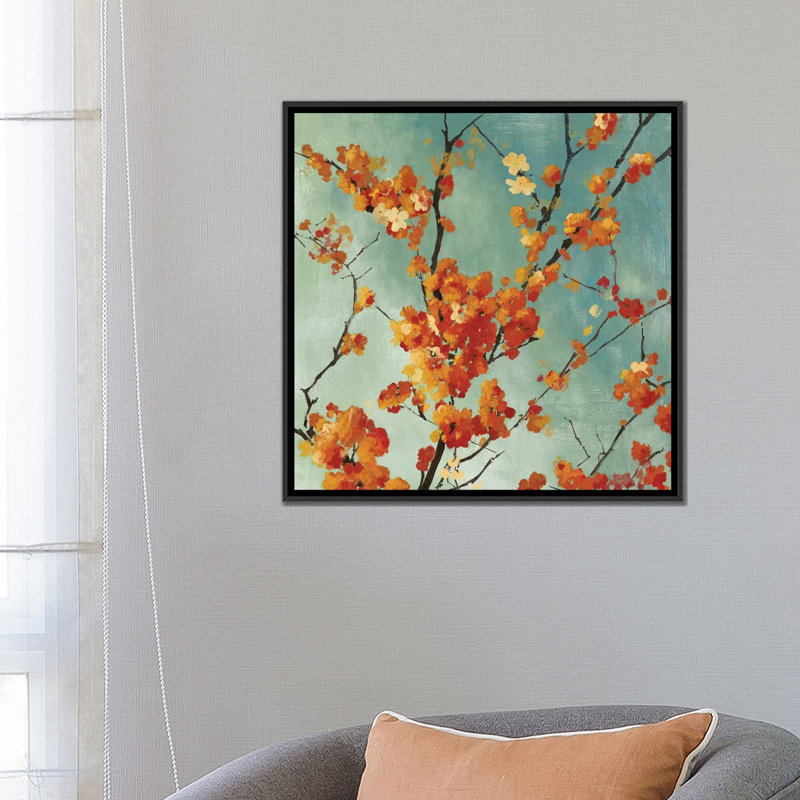 « orange fleurs i », reproduction sur toile, H 18 po x l 18 po x P 1,5 po, Toile avec cadre noir, Pas de tapis