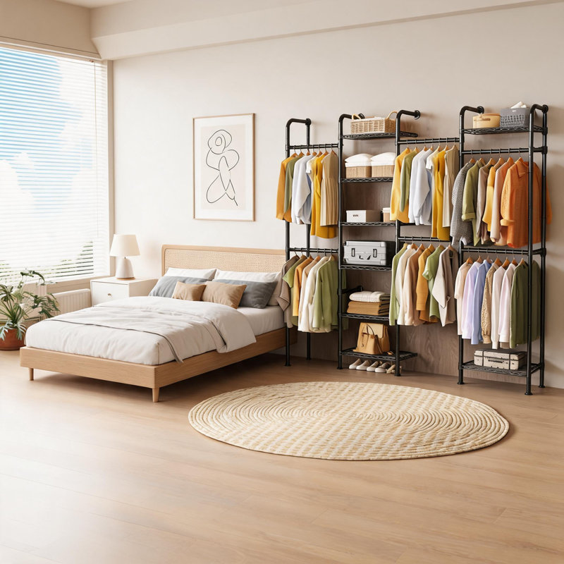 Tringle de rangement extensible murale en acier au carbone avec 8 tablettes pratiques en fil métallique et 6 tringles de suspension