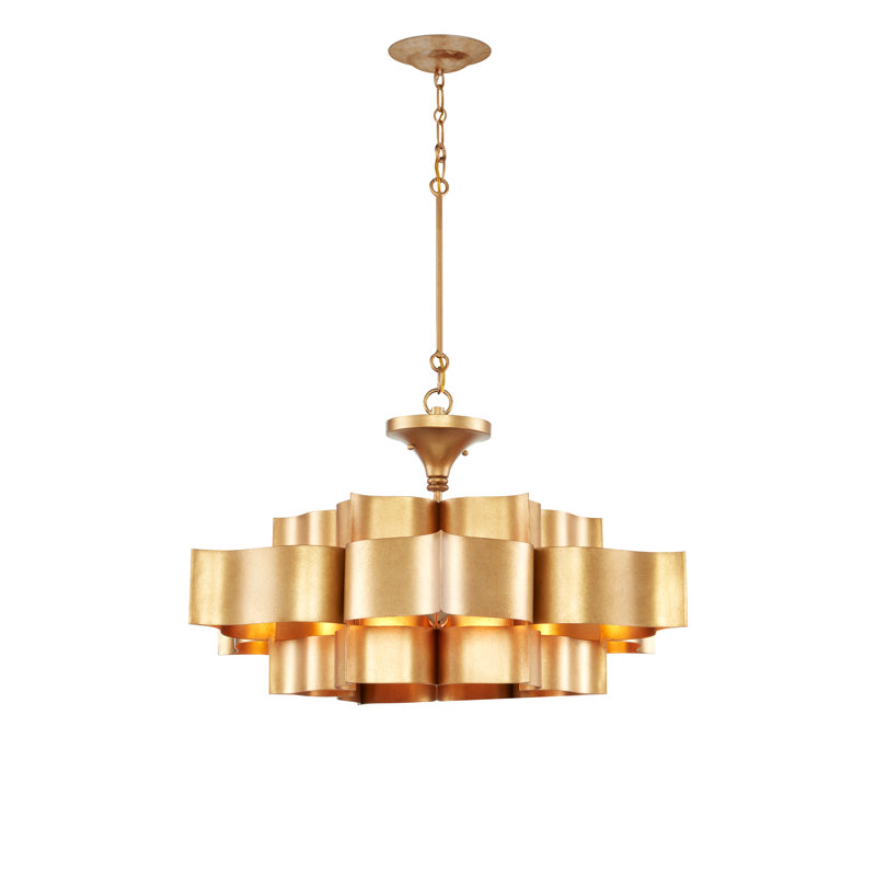 Lustre à niveaux unique à 6 lumières Grand Lotus, Feuille d'or antique