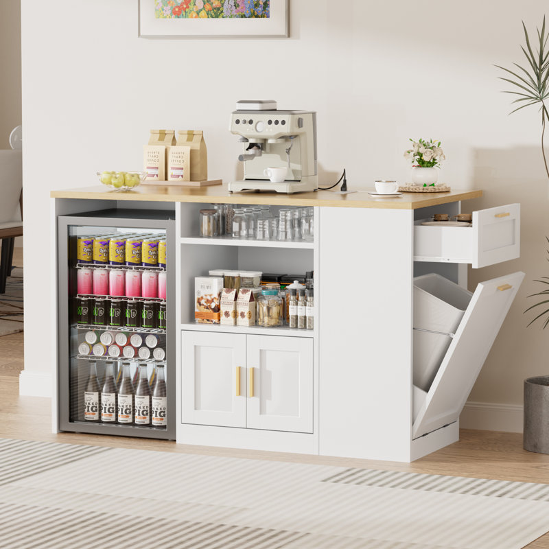 Îlot de cuisine en bois moderne avec espace pour réfrigérateur et abattant, prises de courant intégrées et armoire à poubelle pour petites cuisines et bars à café