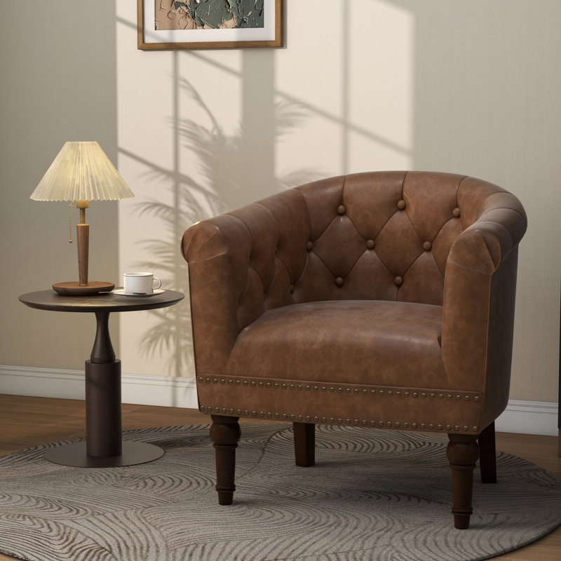 Edvardas Upholstered Brown Faux Leather Tufted Barrel Club Chair with Nailhead Trim, Brown Faux Leather