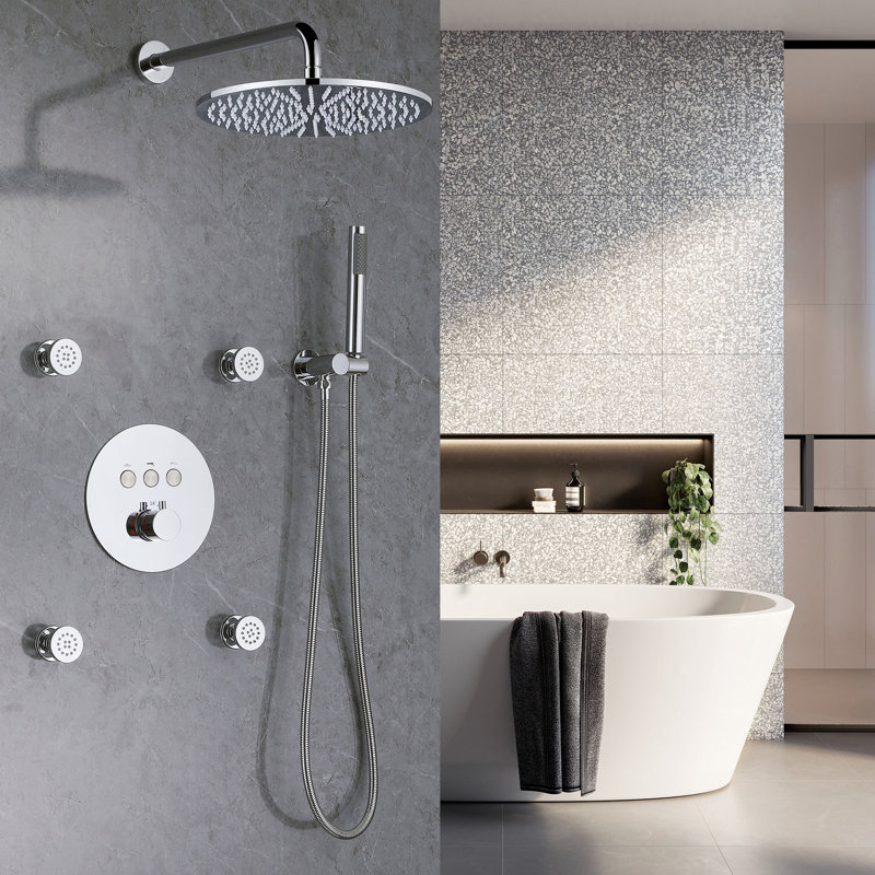 11-4/5" Wall Mounted Thermostatic Shower System With Handheld Spray And Body Jets, Polished Chrome